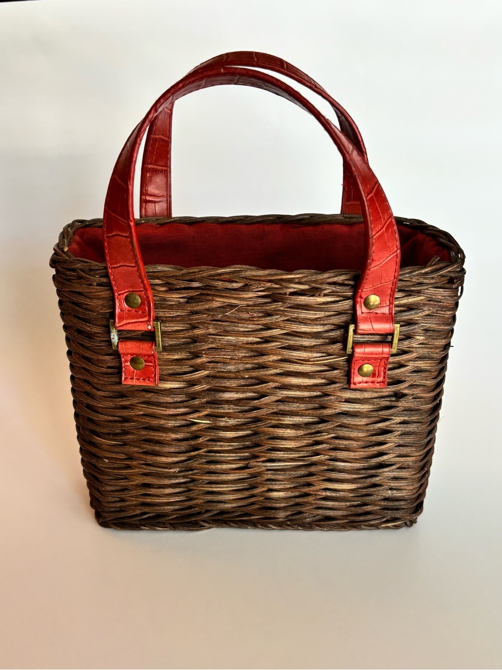 Woven Basket Tote Red Handles Cottagecore Picnic Market Bag
